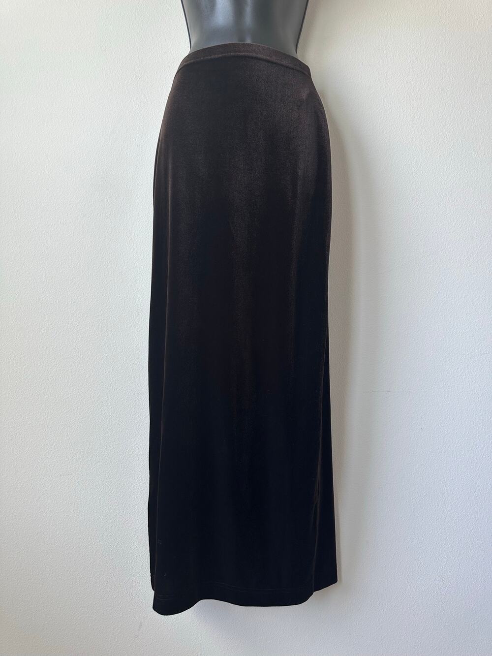 Vintage 90s Cache Brown Velvet Maxi Column Skirt Back Slit Y2K Minimalist Glam